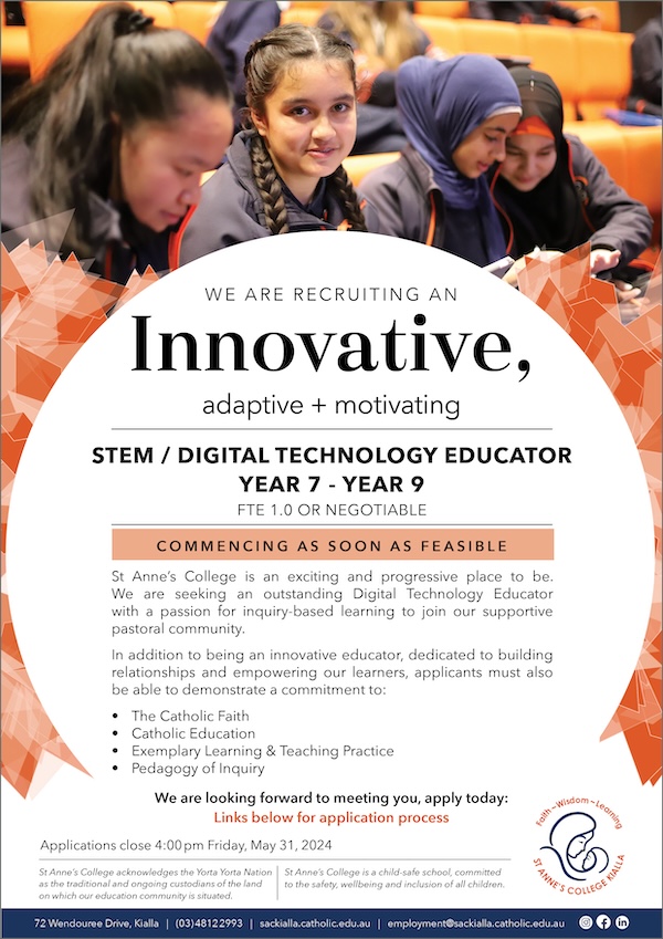St Anne s College STEM Digital Technology Teacher Position May 2024 Job Advert website