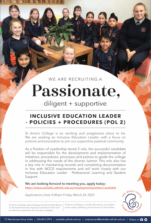 St Annes College Inclusive Education Leader Policieis and Procedures Position Feb 2023 Circulation Advert
