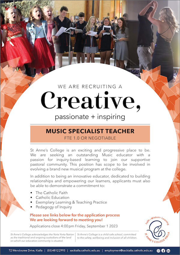 St Annes College Music Specialist Teacher Position May 2023 Job Advert website